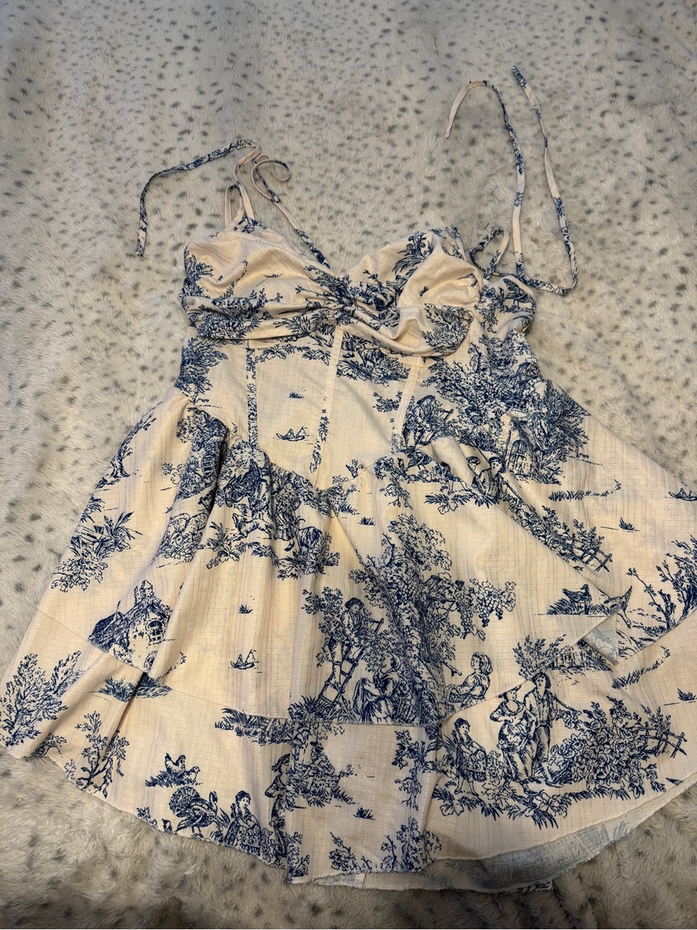SHEIN Cream and Blue Toile Smocked Sundress